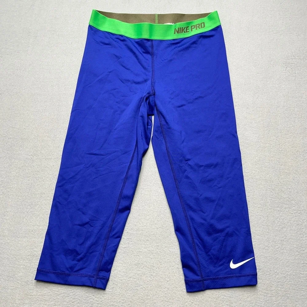 Nike Pro‎ Womens Compression Capri Leggings Blue Neon Green Waistband Size M